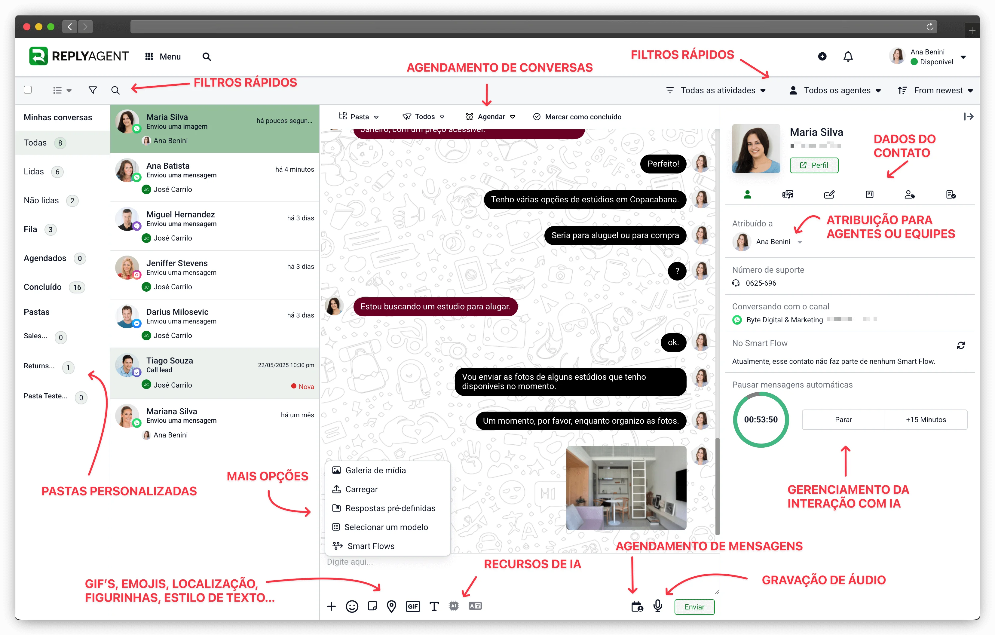Conversa de SMS dentro do live chat com contexto completo do CRM