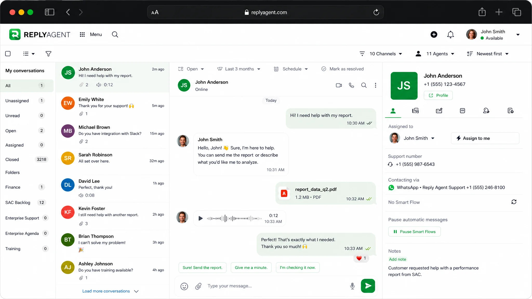 Conversa de SMS bidirecional na inbox unificada