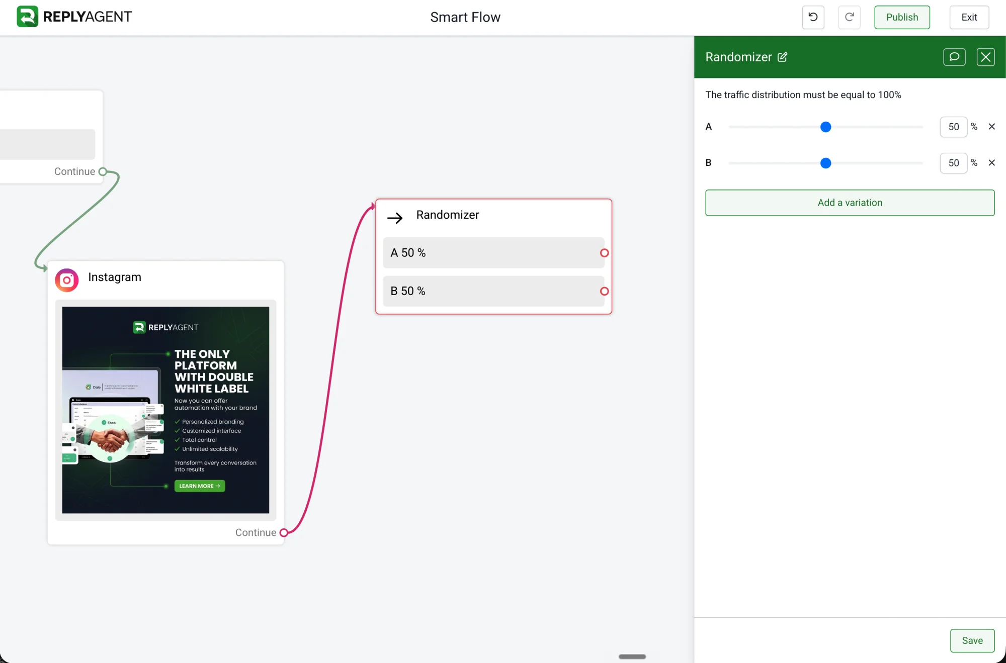 ReplyAgent Smart Flow Randomizer block splitting traffic 50/50 between two variants