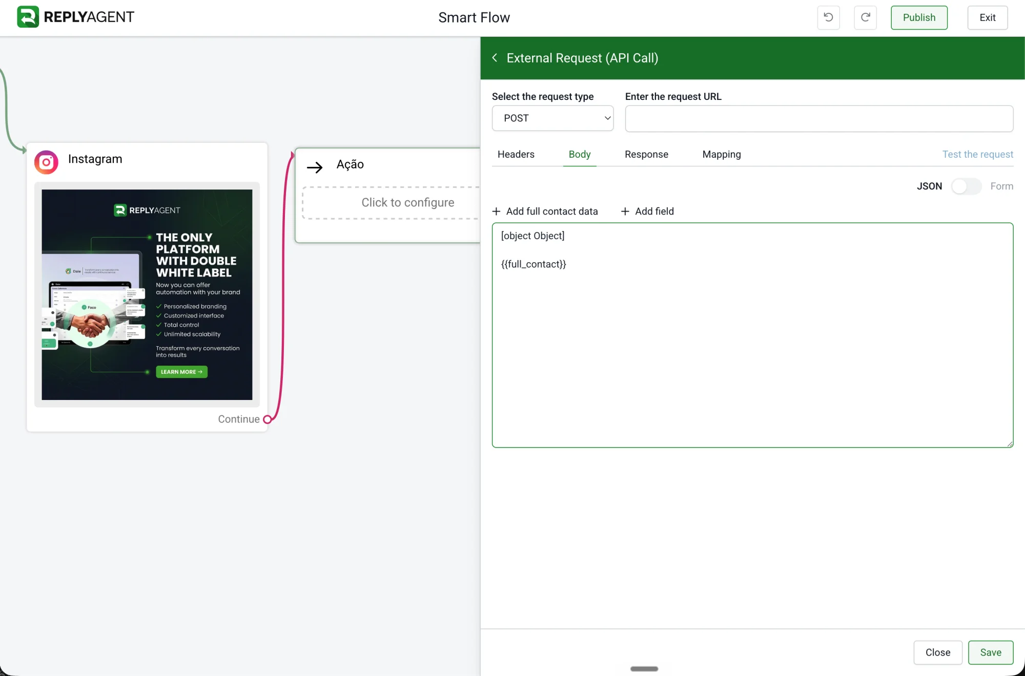 ReplyAgent Smart Flow External Request (API Call) block configuring a POST request