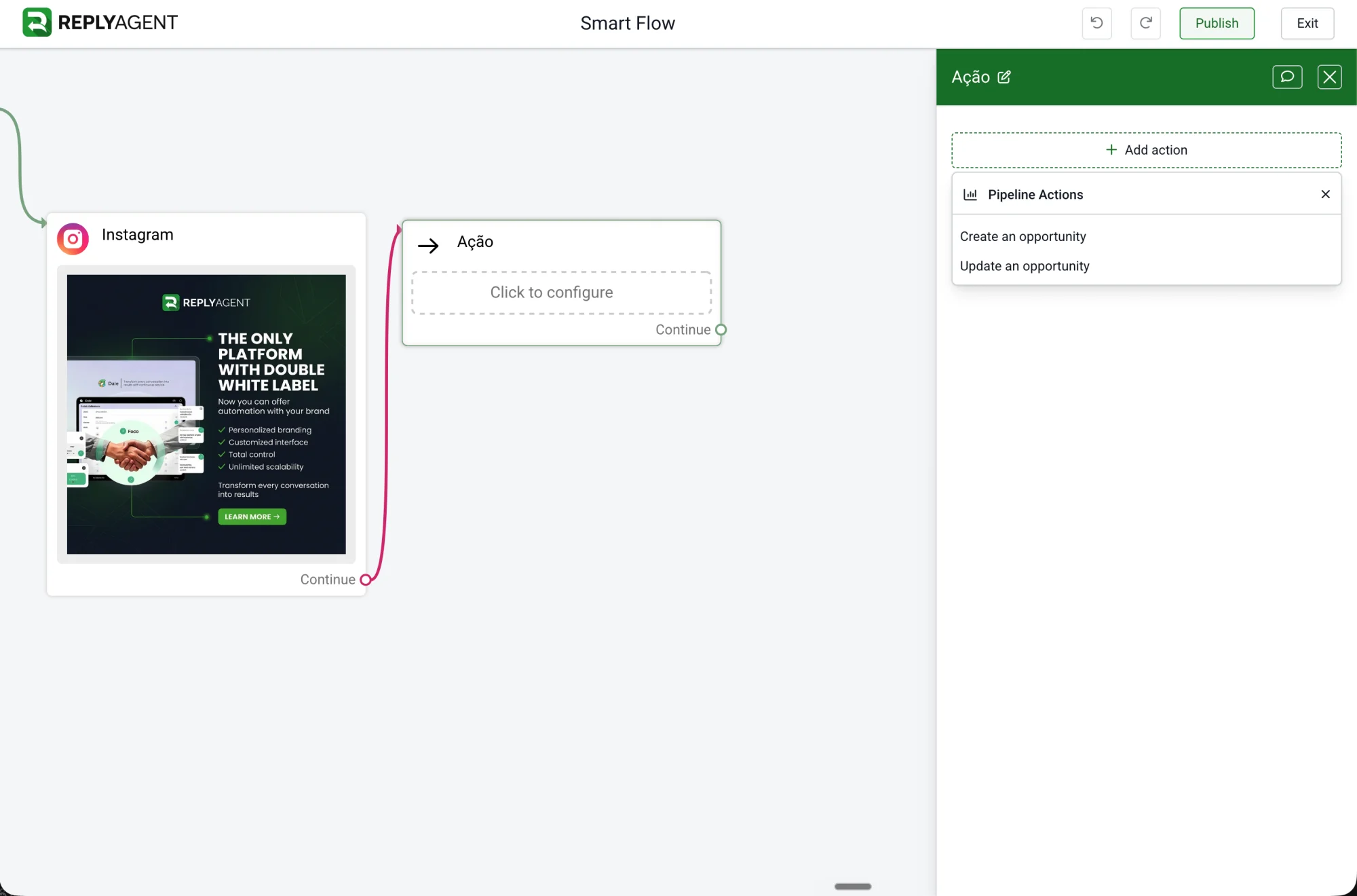 ReplyAgent pipeline-stage automation modal with native CRM, pipeline, AI Studio, and channel action blocks
