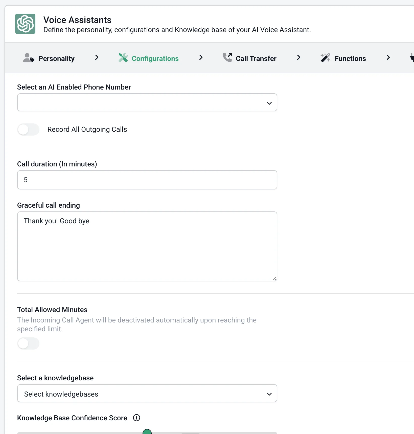 Voice Assistant configurations panel with call duration, recording, and knowledge base settings