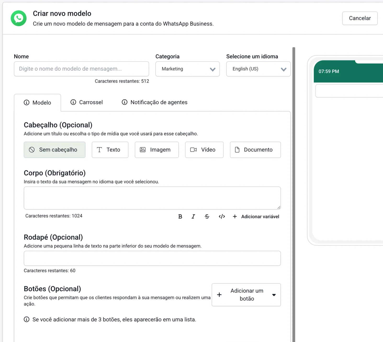 ReplyAgent WhatsApp template builder, header / body / footer / buttons configuration with live preview