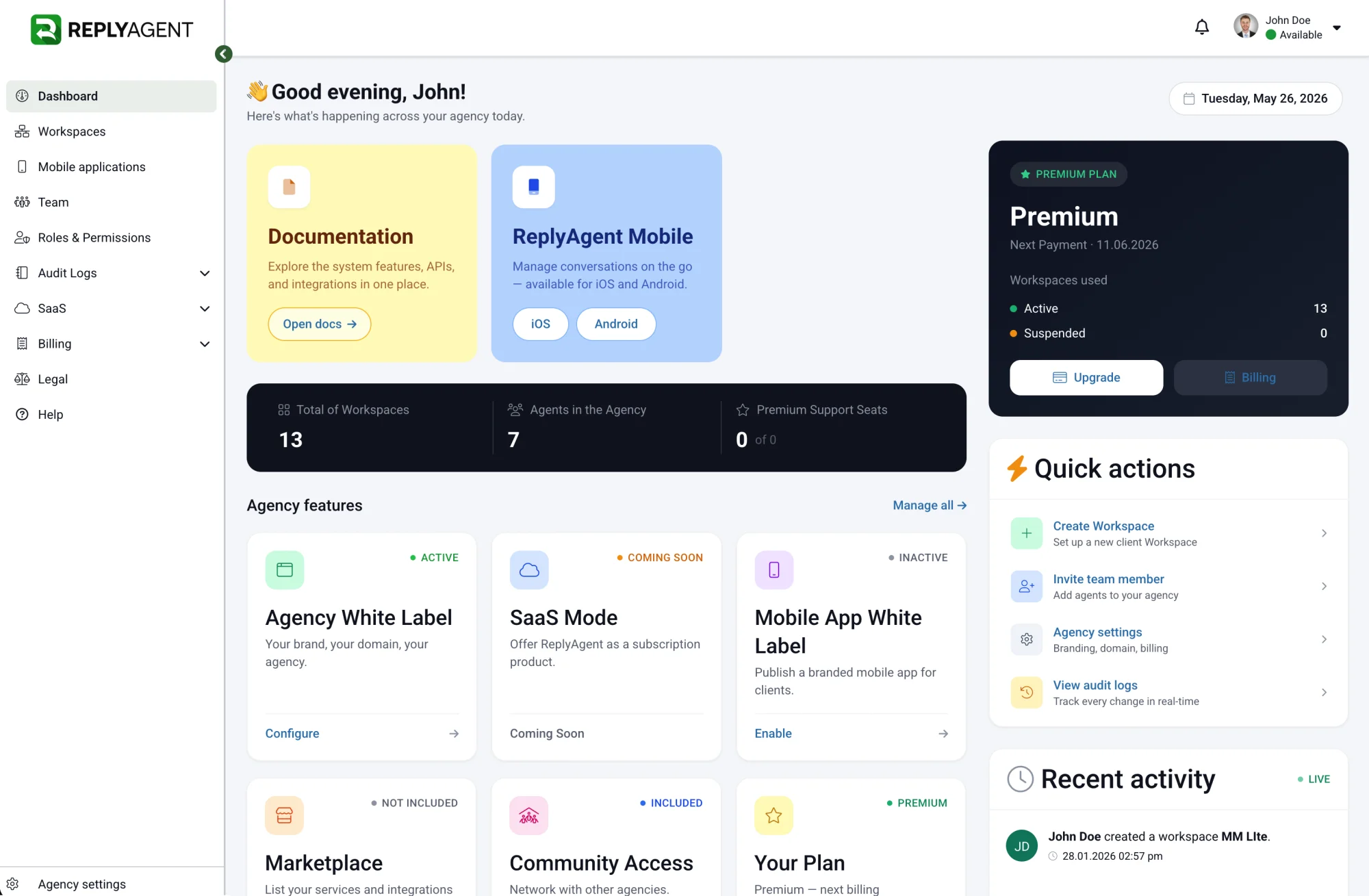 Screenshot do dashboard da agência mostrando a SUA marca (logo, cores, domínio visível na barra de URL). ~4:3.